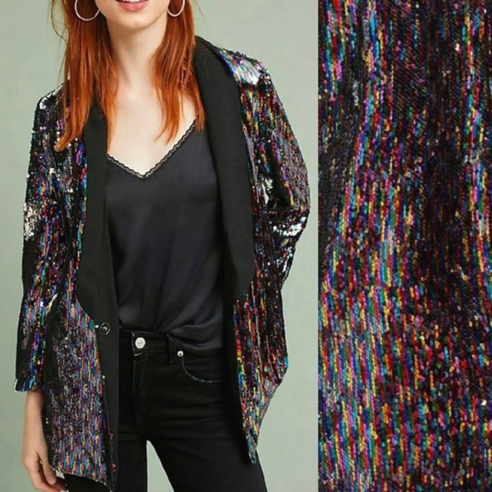 NWOT✨️ Anthropologie Cartonnier Rainbow Silver Black  Sequin Flip Blazer Jacket